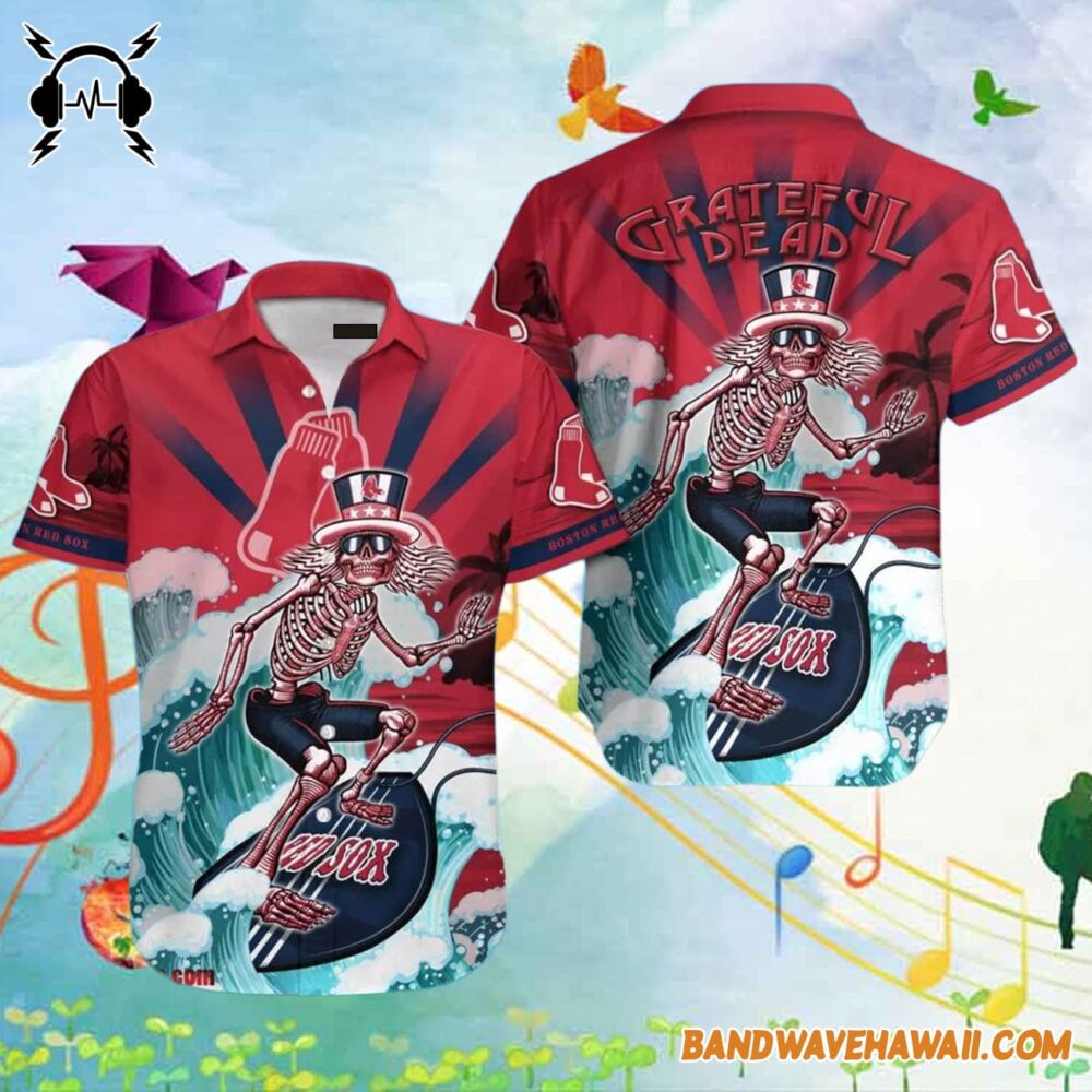 Grateful Dead x Boston Red Sox Skeleton Surfing Hawaiian Shirt 2
