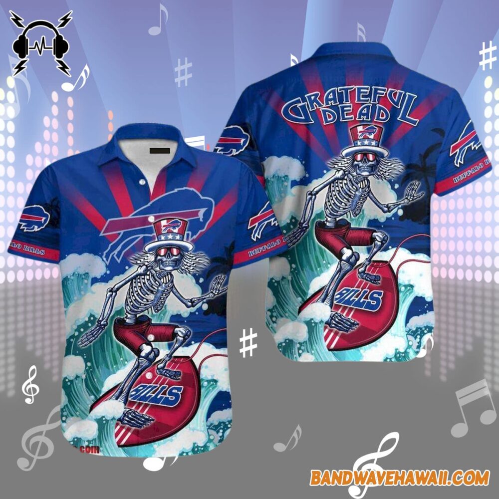 Grateful Dead x Buffalo Bills Skeleton Surfing Hawaiian Shirt 1