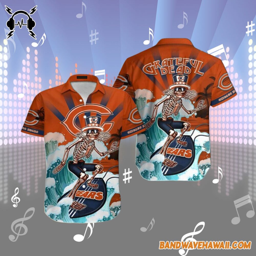 Grateful Dead x Chicago Bears Skeleton Surfing Hawaiian Shirt 1