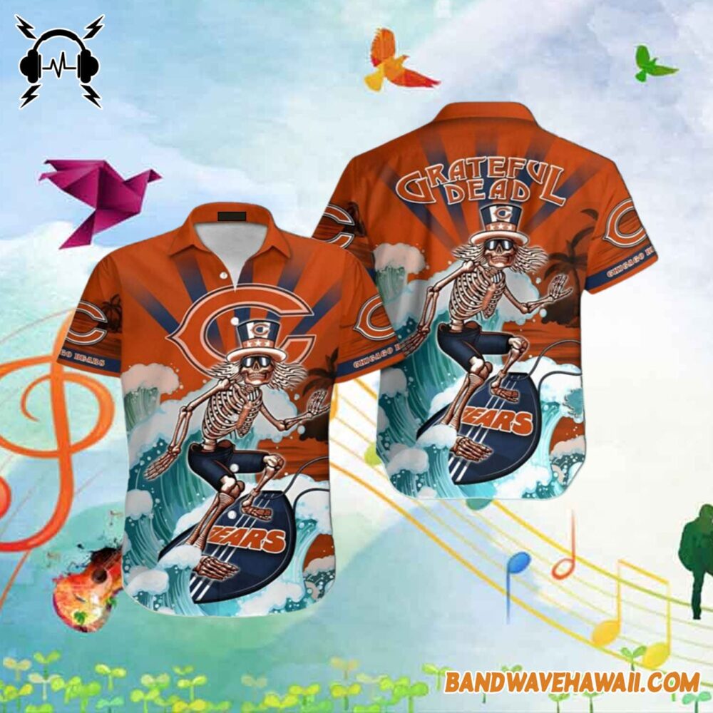 Grateful Dead x Chicago Bears Skeleton Surfing Hawaiian Shirt 2