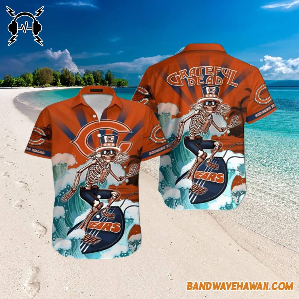 Grateful Dead x Chicago Bears Skeleton Surfing Hawaiian Shirt 3