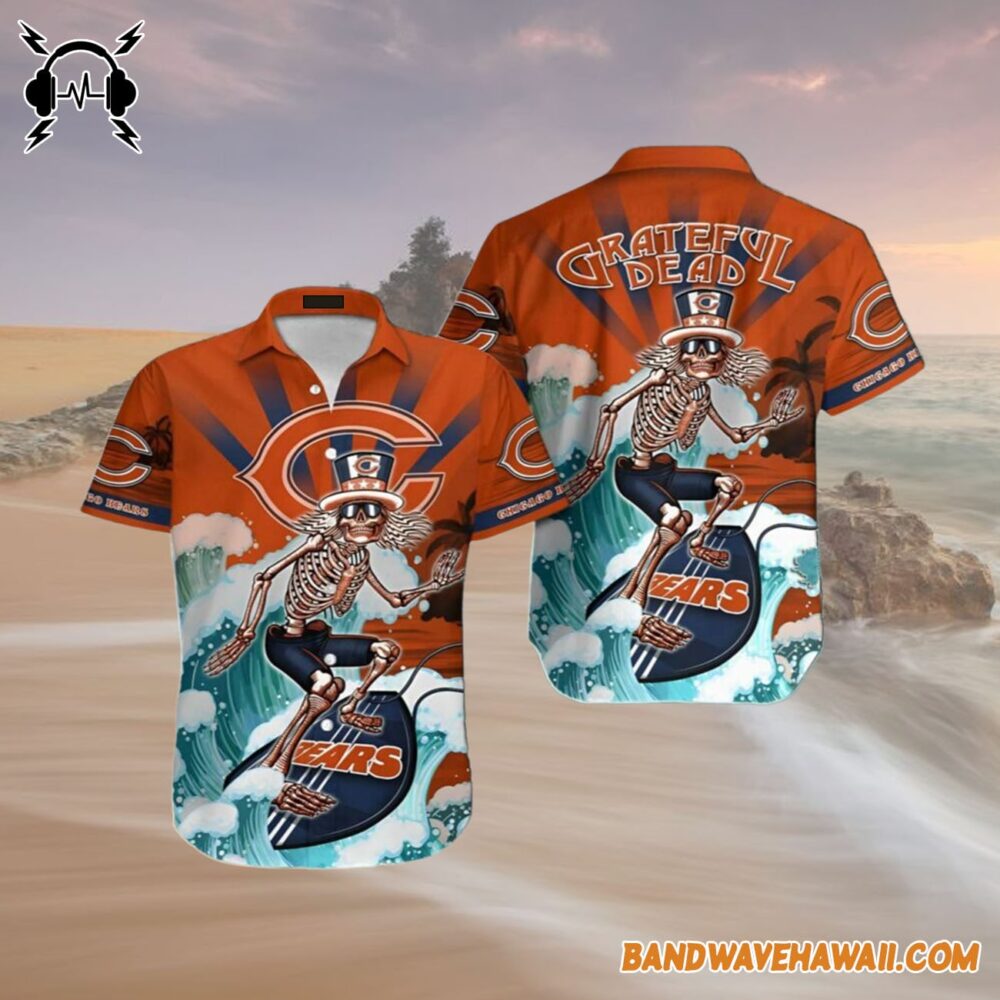 Grateful Dead x Chicago Bears Skeleton Surfing Hawaiian Shirt 4
