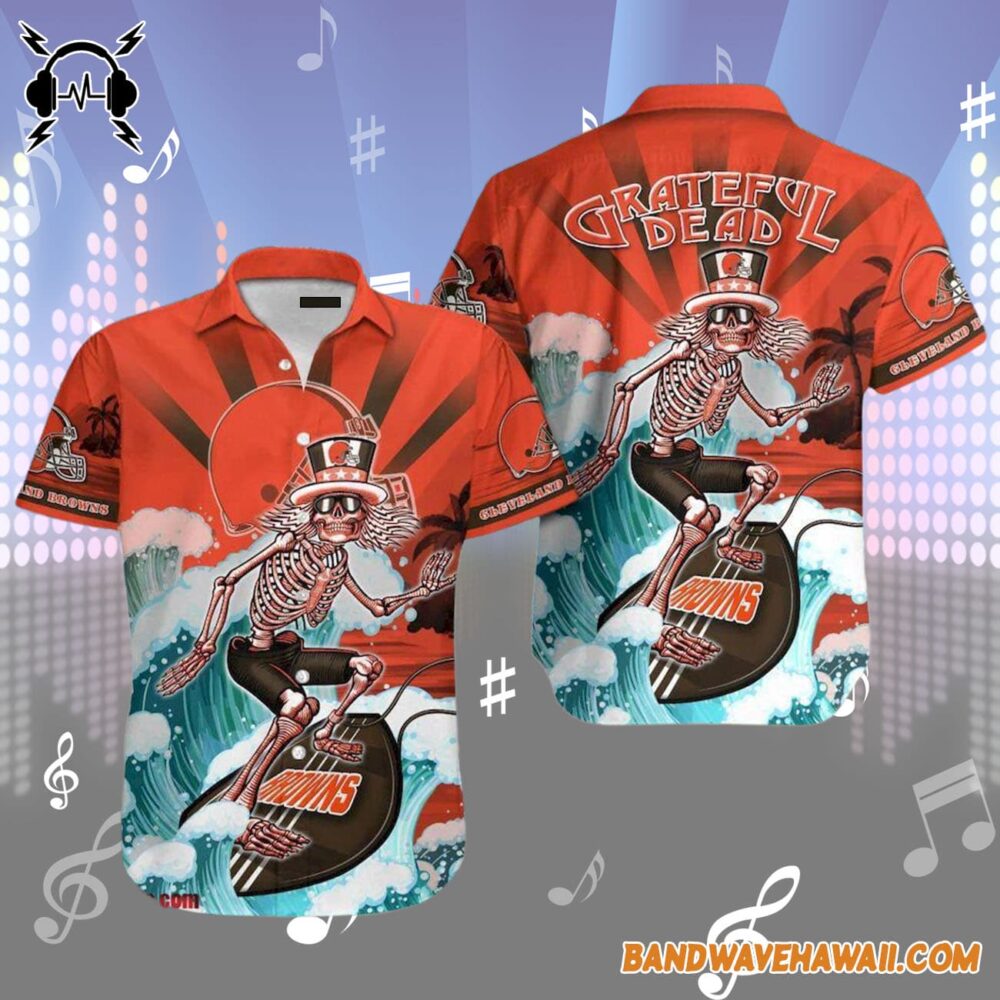 Grateful Dead x Cleveland Browns Skeleton Surfing Hawaiian Shirt 1