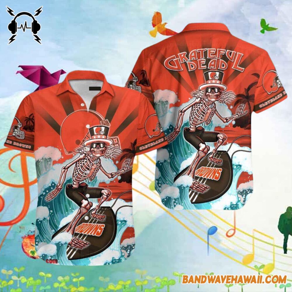 Grateful Dead x Cleveland Browns Skeleton Surfing Hawaiian Shirt 2