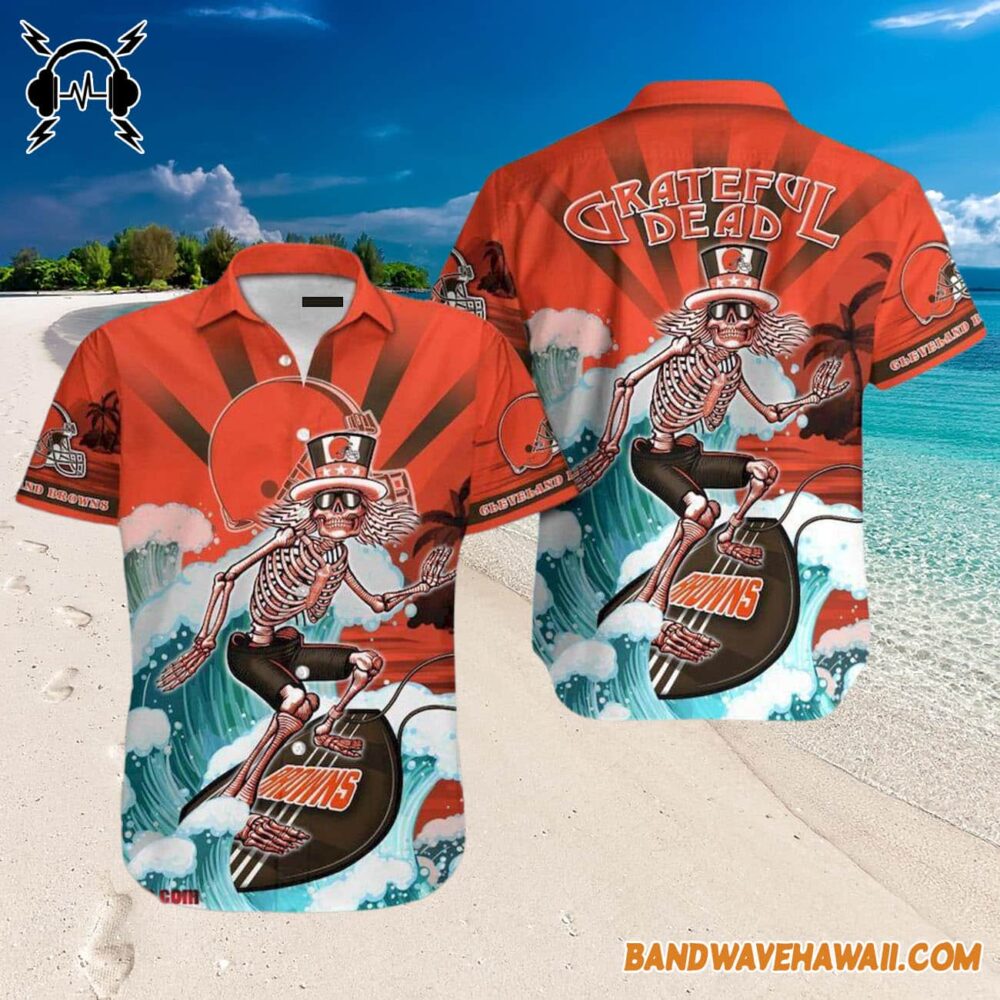 Grateful Dead x Cleveland Browns Skeleton Surfing Hawaiian Shirt 3