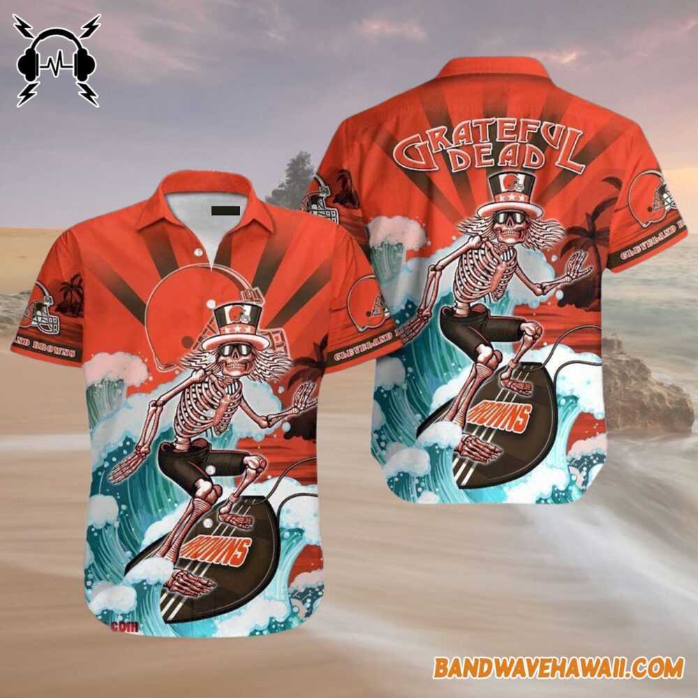 Grateful Dead x Cleveland Browns Skeleton Surfing Hawaiian Shirt 4