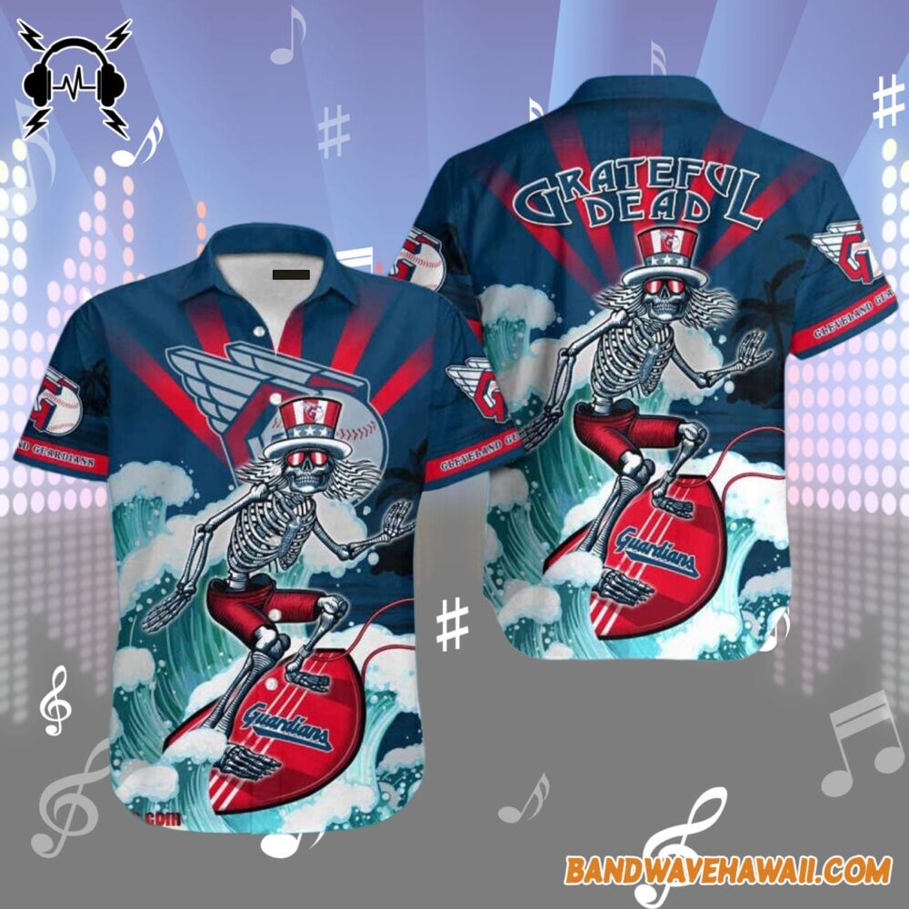 Grateful Dead x Cleveland Guardians Skeleton Surfing Hawaiian Shirt 1