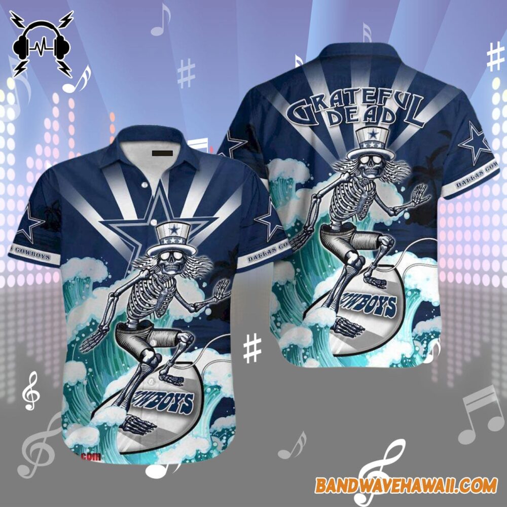 Grateful Dead x Dallas Cowboys Skeleton Surfing Hawaiian Shirt 1