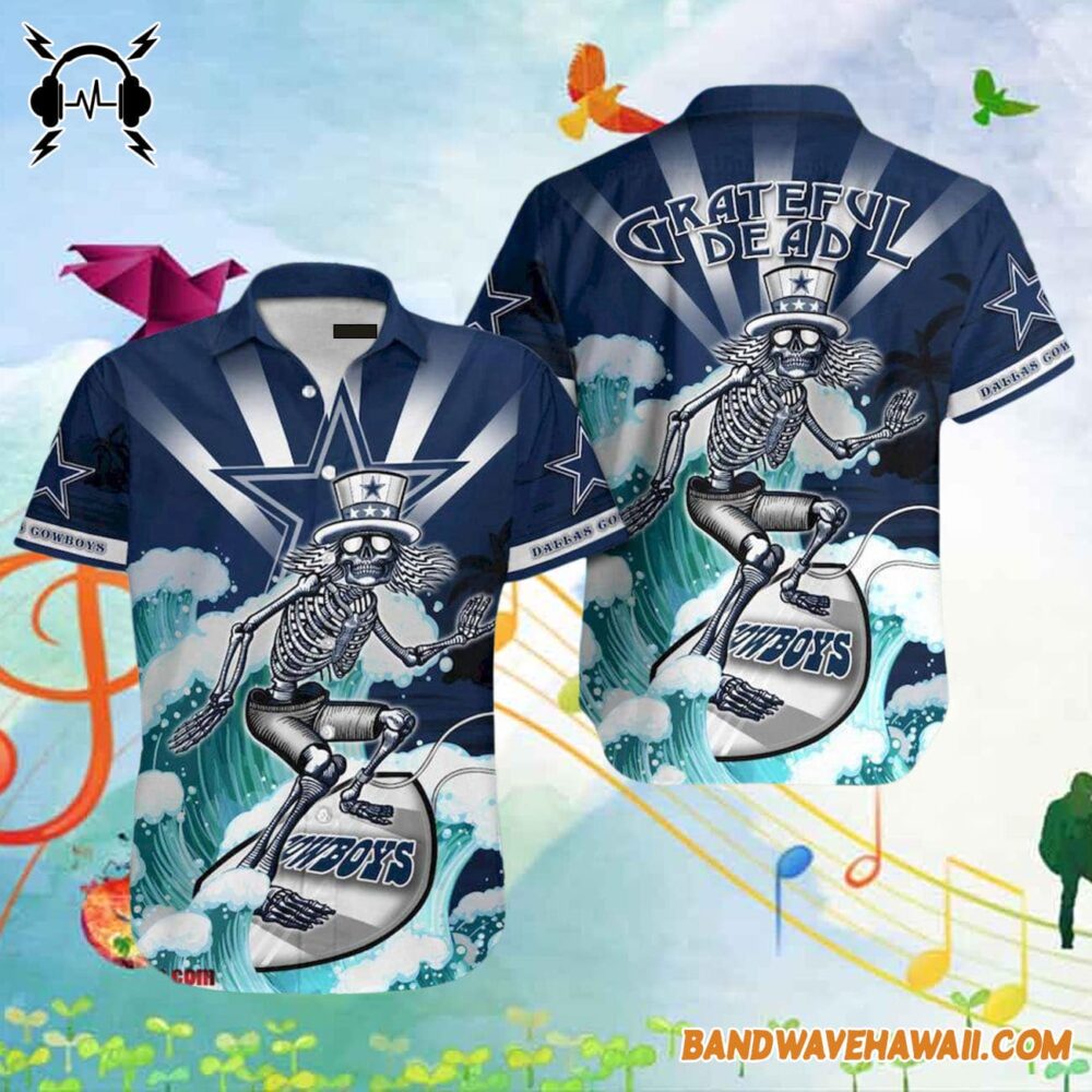 Grateful Dead x Dallas Cowboys Skeleton Surfing Hawaiian Shirt 2