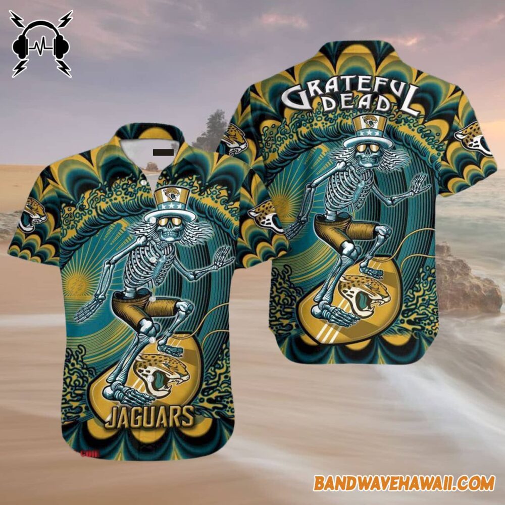 Grateful Dead x Jacksonville Jaguars Skeleton Surfing Hawaiian Shirt 4
