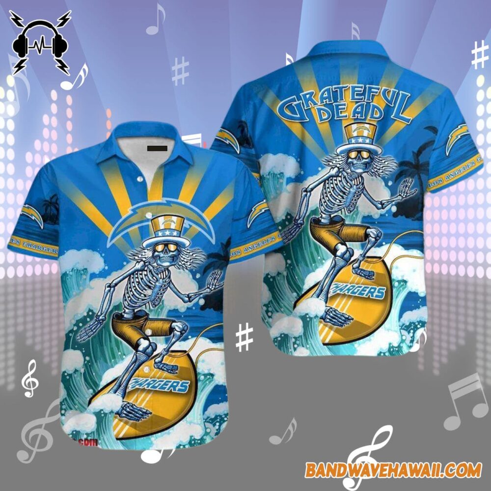 Grateful Dead x Los Angeles Chargers Skeleton Surfing Hawaiian Shirt 1