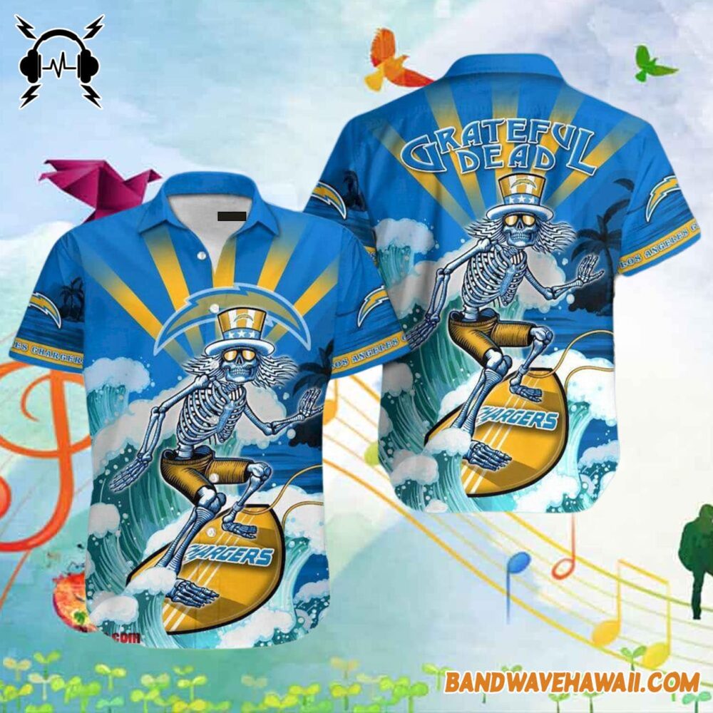 Grateful Dead x Los Angeles Chargers Skeleton Surfing Hawaiian Shirt 2