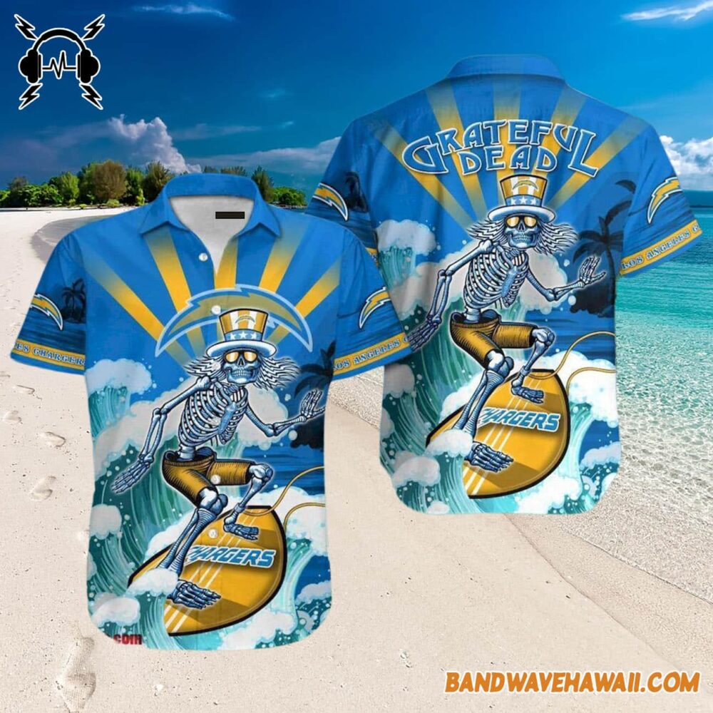Grateful Dead x Los Angeles Chargers Skeleton Surfing Hawaiian Shirt 3