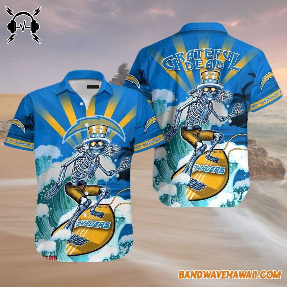 Grateful Dead x Los Angeles Chargers Skeleton Surfing Hawaiian Shirt 4