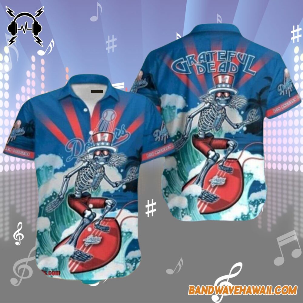 Grateful Dead x Los Angeles Dodgers Skeleton Surfing Hawaiian Shirt 1