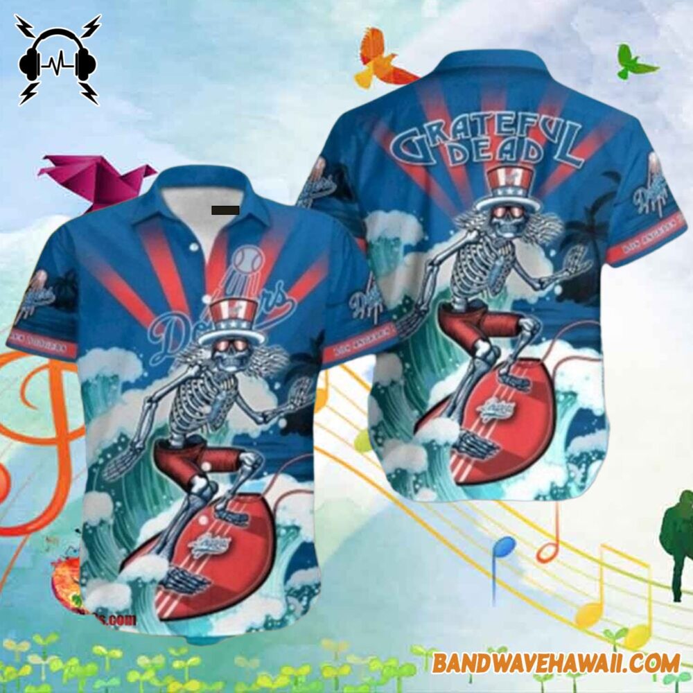 Grateful Dead x Los Angeles Dodgers Skeleton Surfing Hawaiian Shirt 2