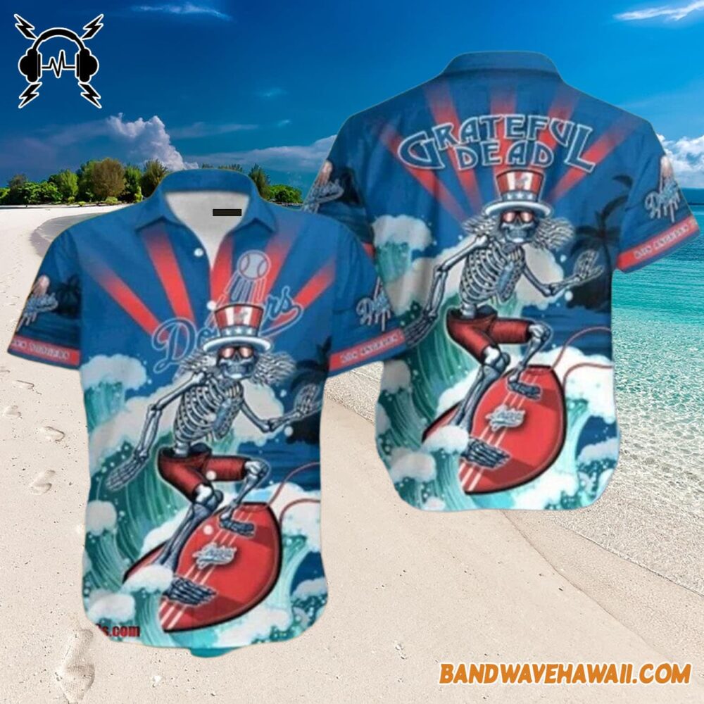 Grateful Dead x Los Angeles Dodgers Skeleton Surfing Hawaiian Shirt 3