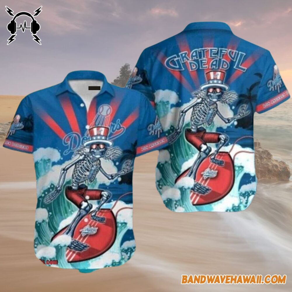 Grateful Dead x Los Angeles Dodgers Skeleton Surfing Hawaiian Shirt 4