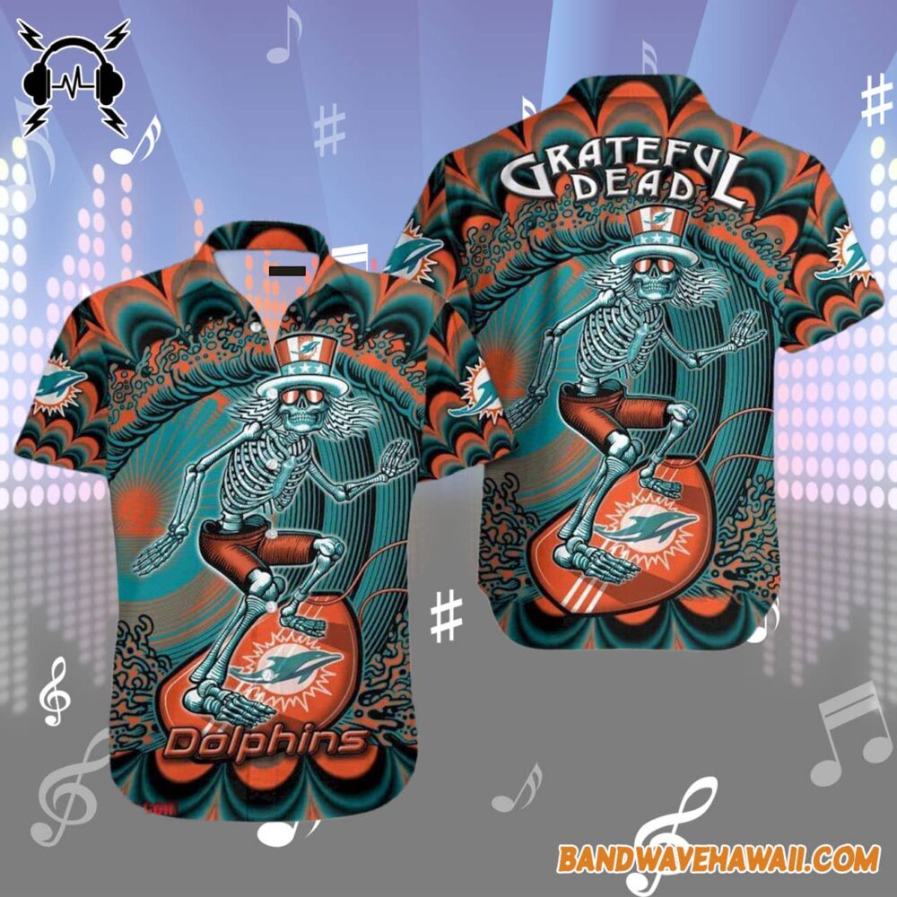 Grateful Dead x Miami Dolphins Skeleton Surfing Hawaiian Shirt 1