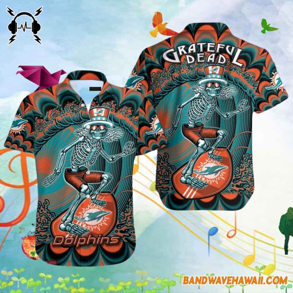 Grateful Dead x Miami Dolphins Skeleton Surfing Hawaiian Shirt 2