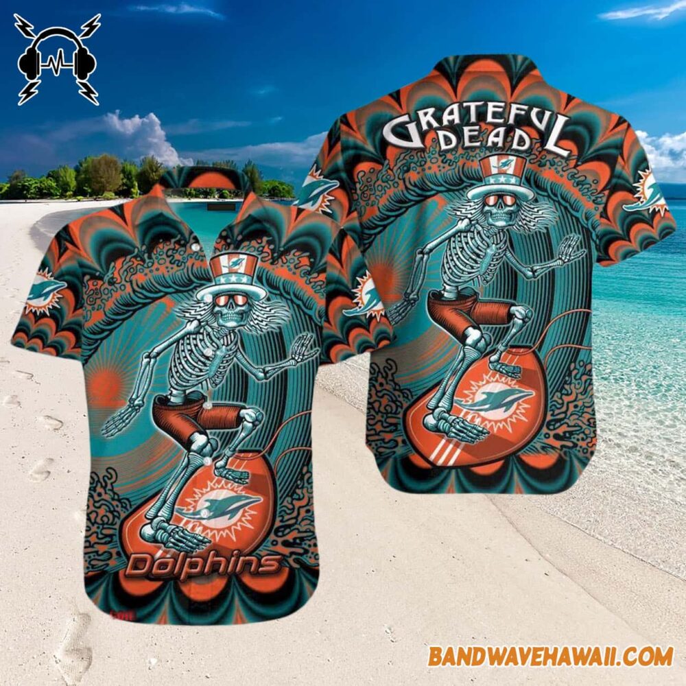 Grateful Dead x Miami Dolphins Skeleton Surfing Hawaiian Shirt 3