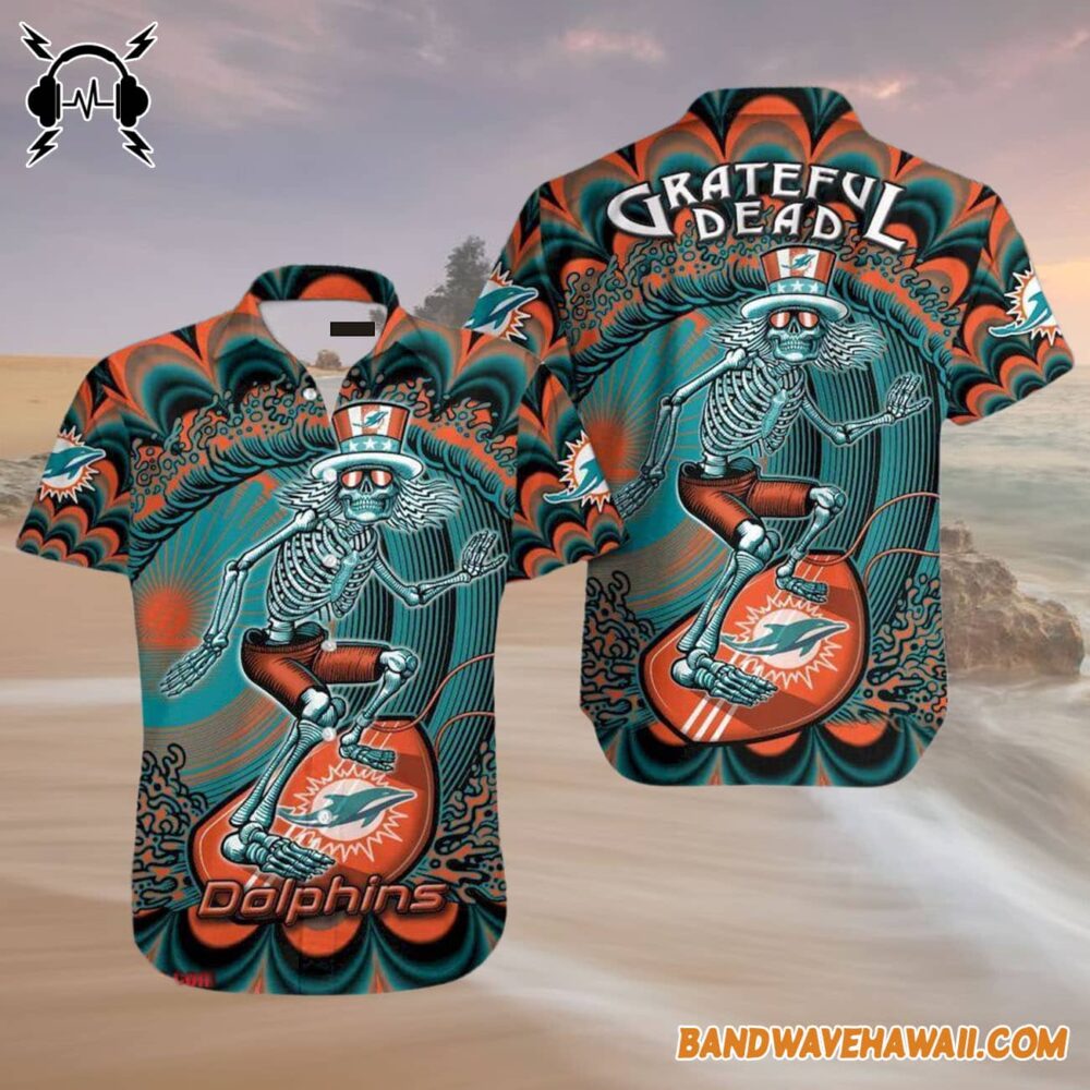 Grateful Dead x Miami Dolphins Skeleton Surfing Hawaiian Shirt 4