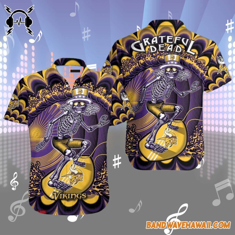 Grateful Dead x Minnesota Vikings Skeleton Surfing Hawaiian Shirt 1