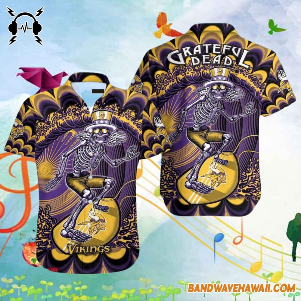 Grateful Dead x Minnesota Vikings Skeleton Surfing Hawaiian Shirt 2