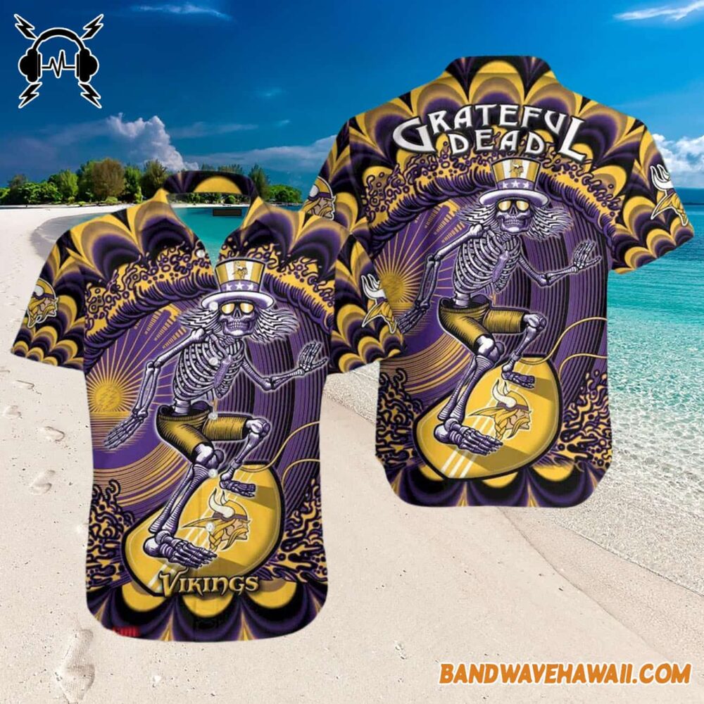 Grateful Dead x Minnesota Vikings Skeleton Surfing Hawaiian Shirt 3