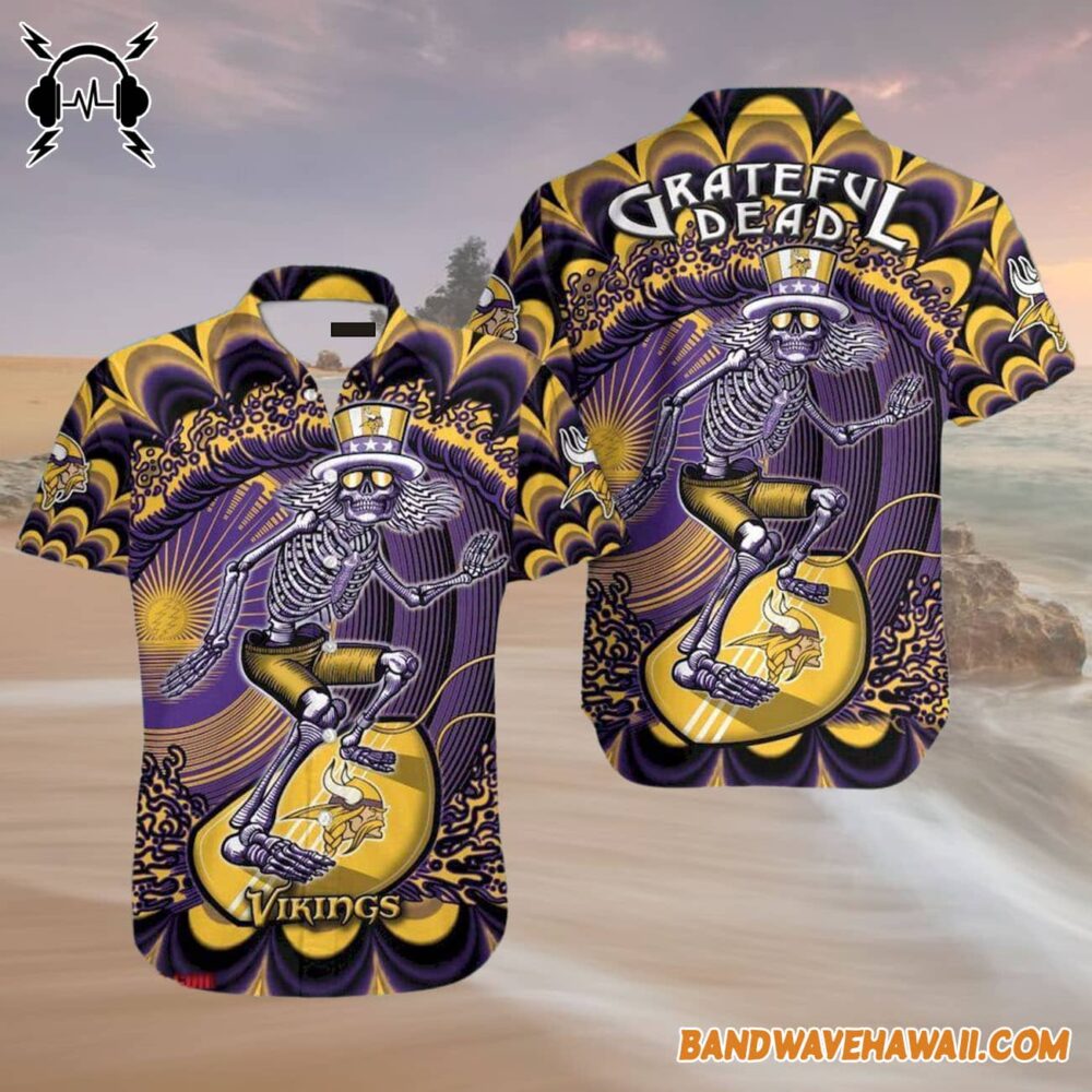 Grateful Dead x Minnesota Vikings Skeleton Surfing Hawaiian Shirt 4