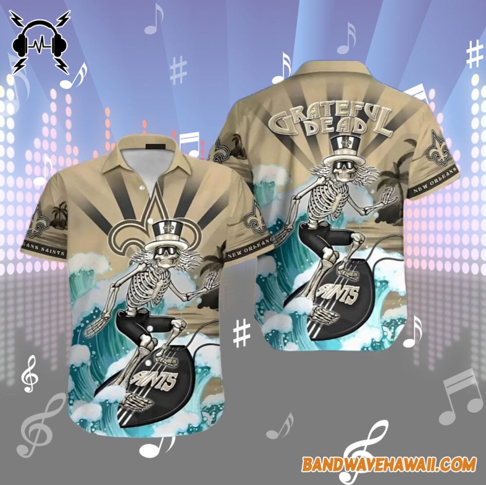 Grateful Dead x New Orleans Saints Skeleton Surfing Hawaiian Shirt 1