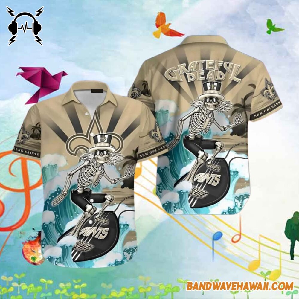 Grateful Dead x New Orleans Saints Skeleton Surfing Hawaiian Shirt 2