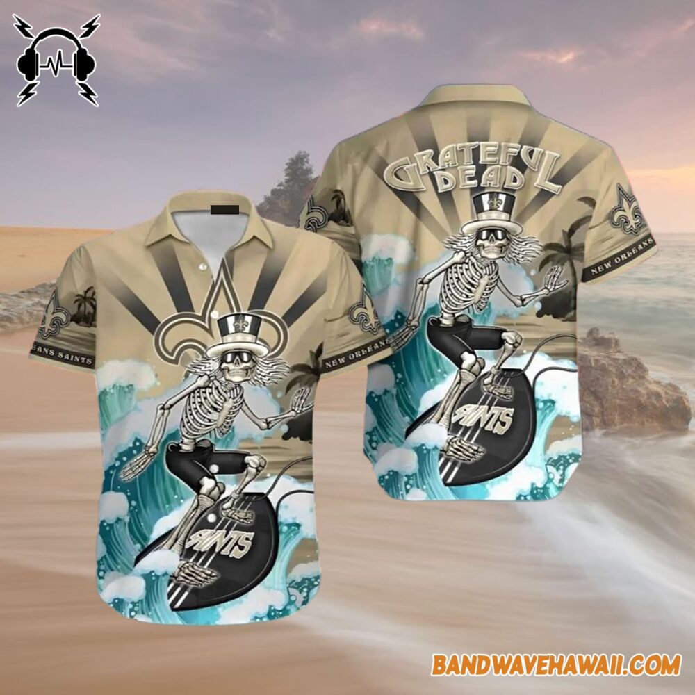 Grateful Dead x New Orleans Saints Skeleton Surfing Hawaiian Shirt 4