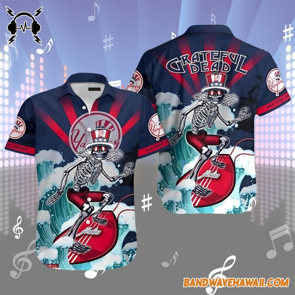 Grateful Dead x New York Yankees Skeleton Surfing Hawaiian Shirt 1