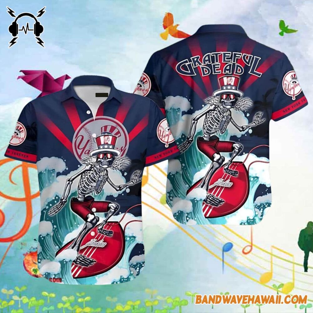 Grateful Dead x New York Yankees Skeleton Surfing Hawaiian Shirt 2