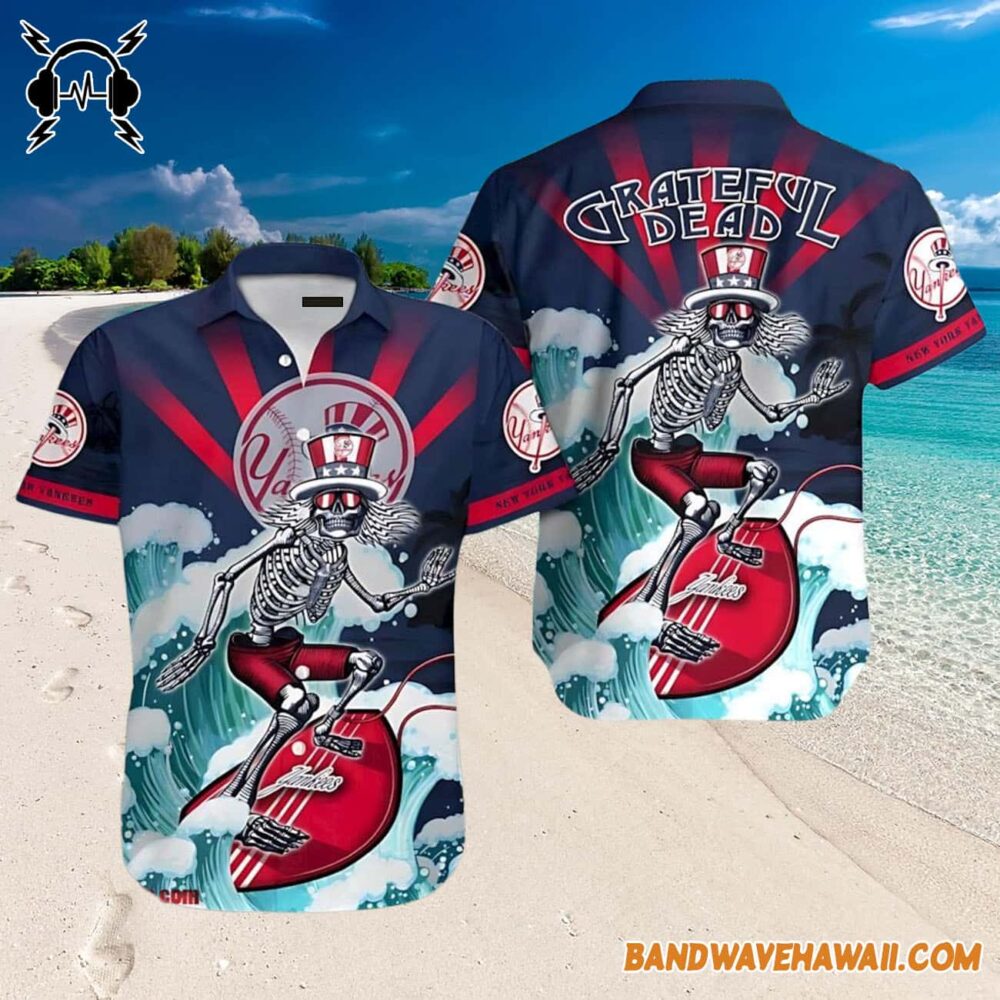 Grateful Dead x New York Yankees Skeleton Surfing Hawaiian Shirt 3