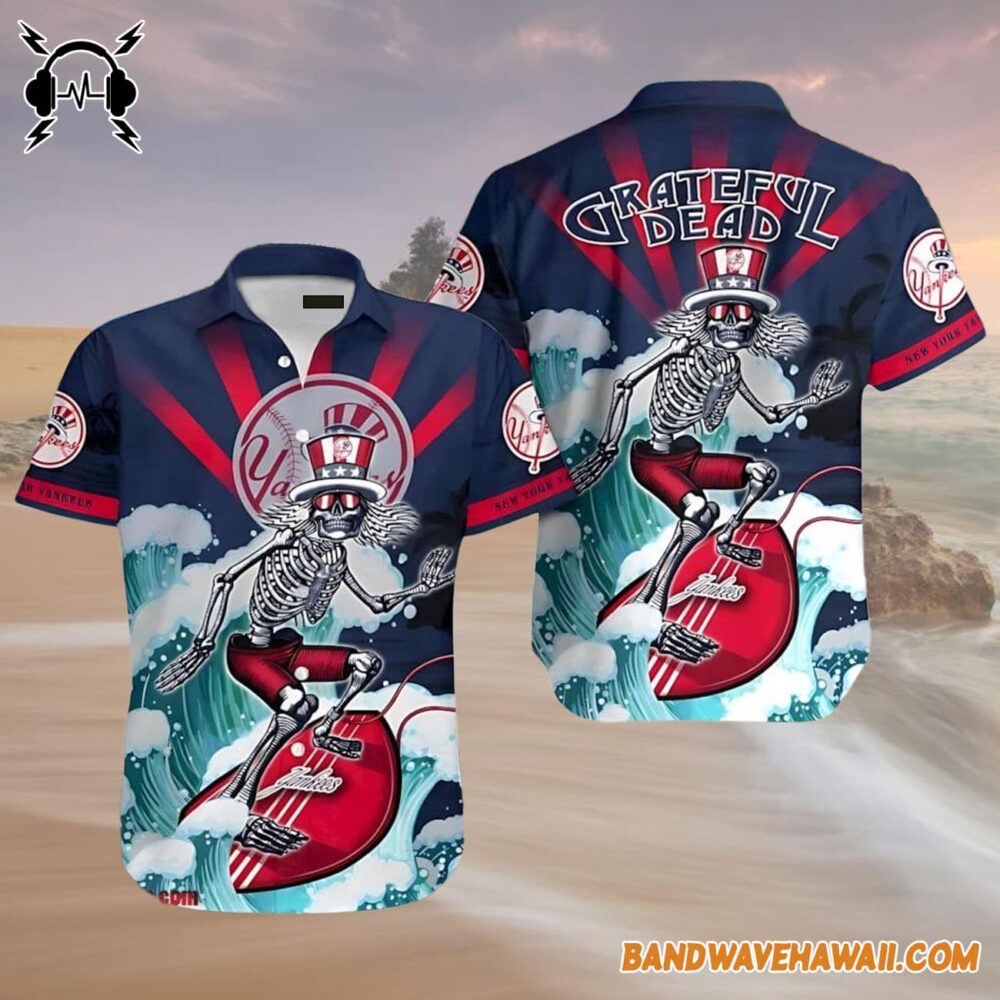 Grateful Dead x New York Yankees Skeleton Surfing Hawaiian Shirt 4