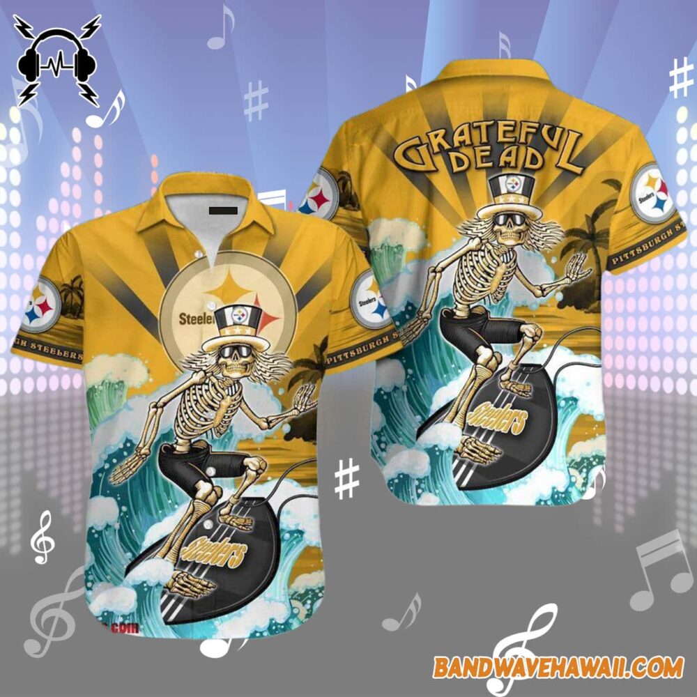 Grateful Dead x Pittsburgh Steelers Skeleton Surfing Hawaiian Shirt 1