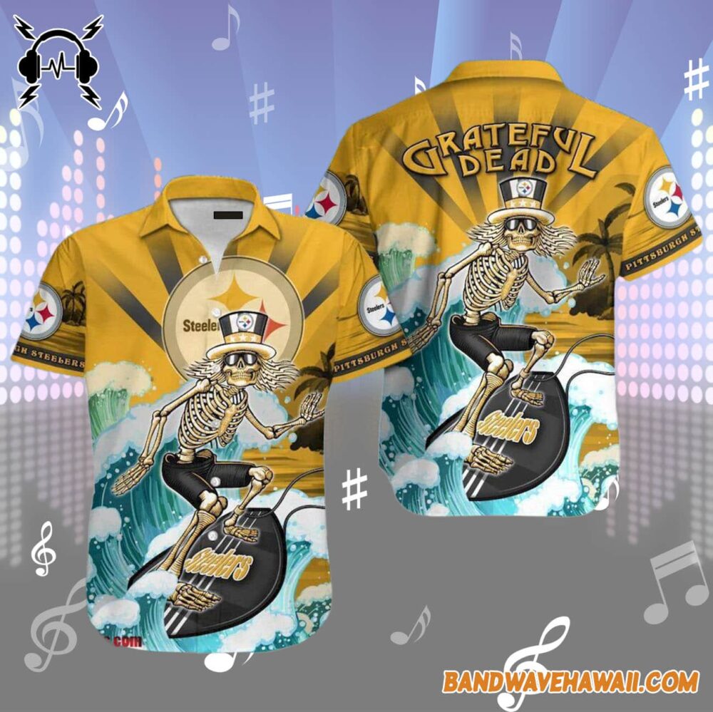 Grateful Dead x Pittsburgh Steelers Skeleton Surfing Hawaiian Shirt 1