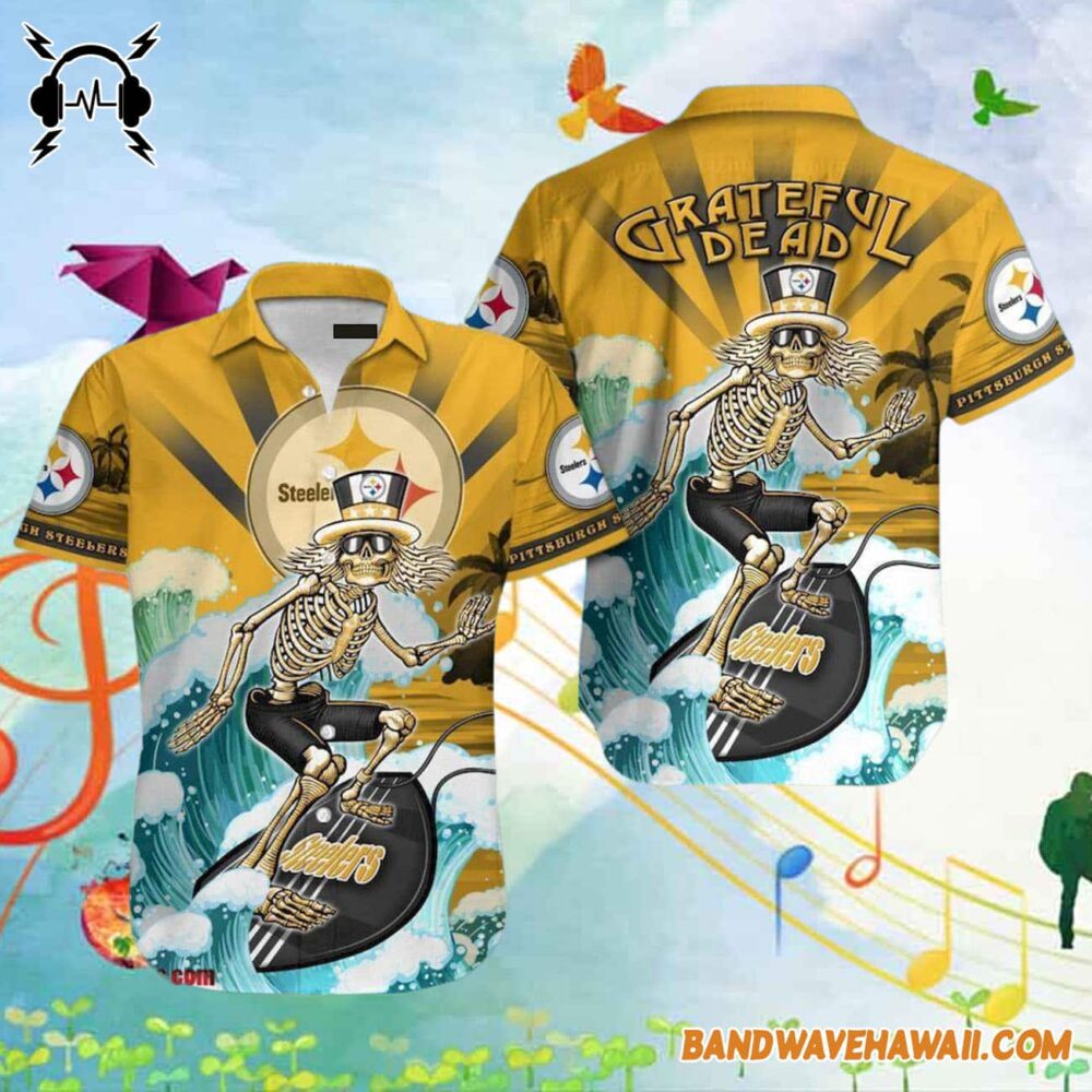 Grateful Dead x Pittsburgh Steelers Skeleton Surfing Hawaiian Shirt 2