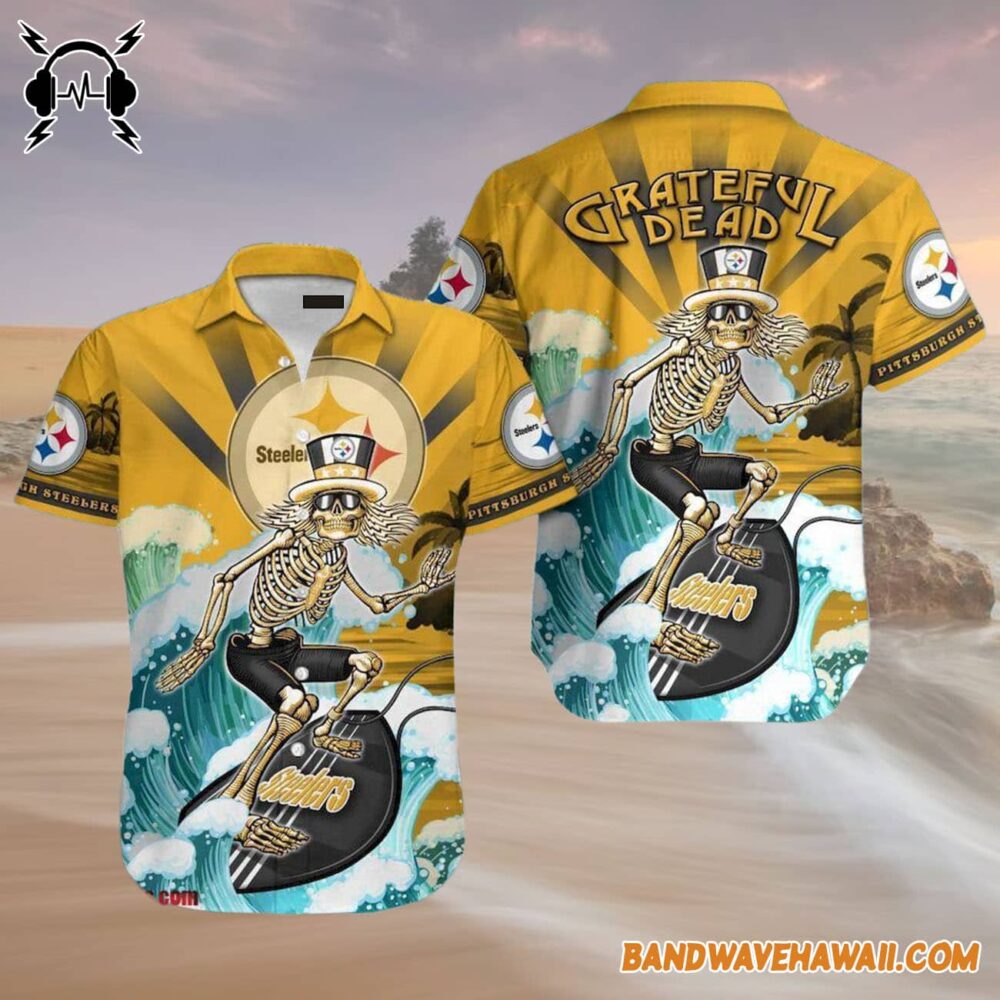 Grateful Dead x Pittsburgh Steelers Skeleton Surfing Hawaiian Shirt 4